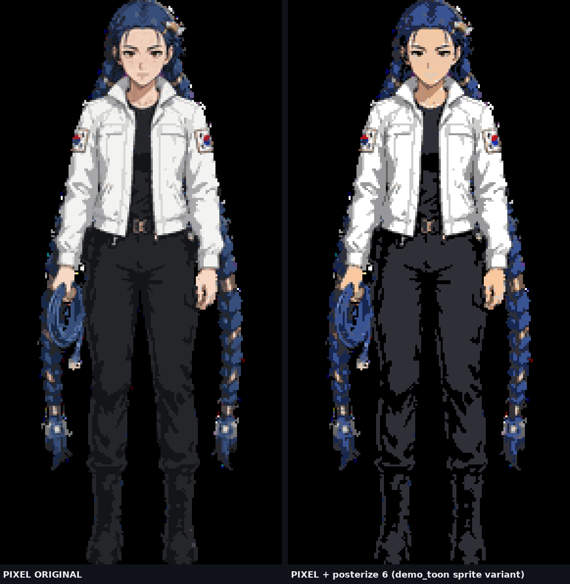 The demo_toon grade checked on a pixel-art sprite