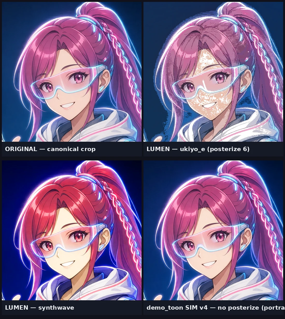 Before and after panels of Lumen style grades applied to a single portrait crop